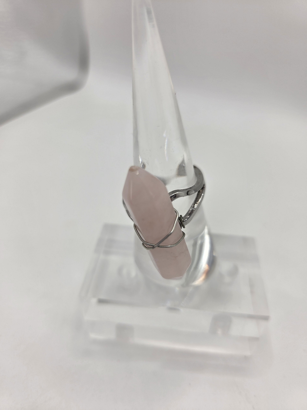 Handcrafted Pink Rose Quartz Statement Ring with Silver Wire Wrap Size 8